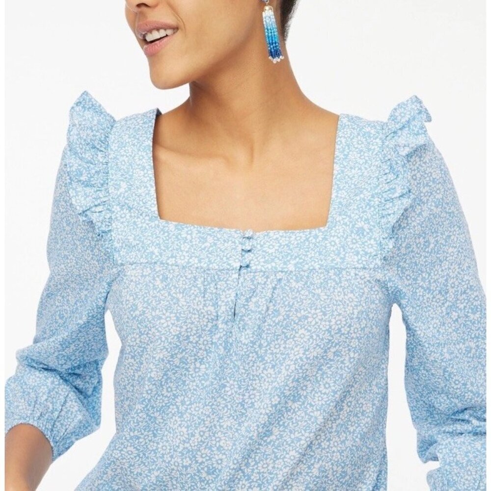 J.Crew Blue Cotton Floral Squareneck Ruffle Top peasant Cottage Core Cottagecore - Picture 2 of 12